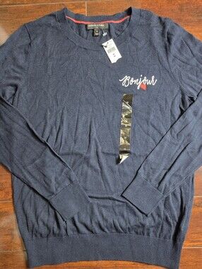 Banana Republic Navy Sweater with Red Heart and Bonjour Script